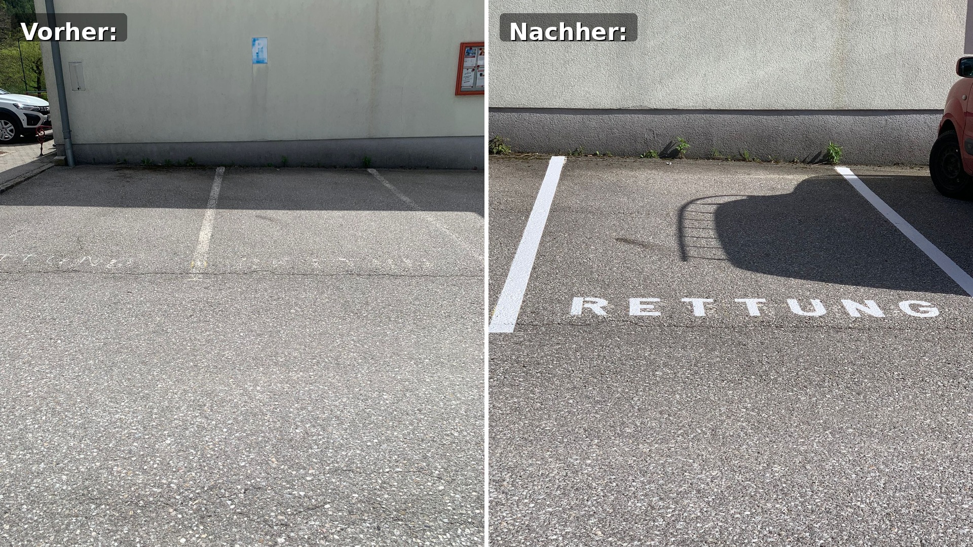 Vorher-Nachher Vergleich einer Parkplatzmarkierung mit verblasster Rettungskennzeichnung vor der Sanierung und frisch markierter Rettungsfläche nach der Erneuerung.